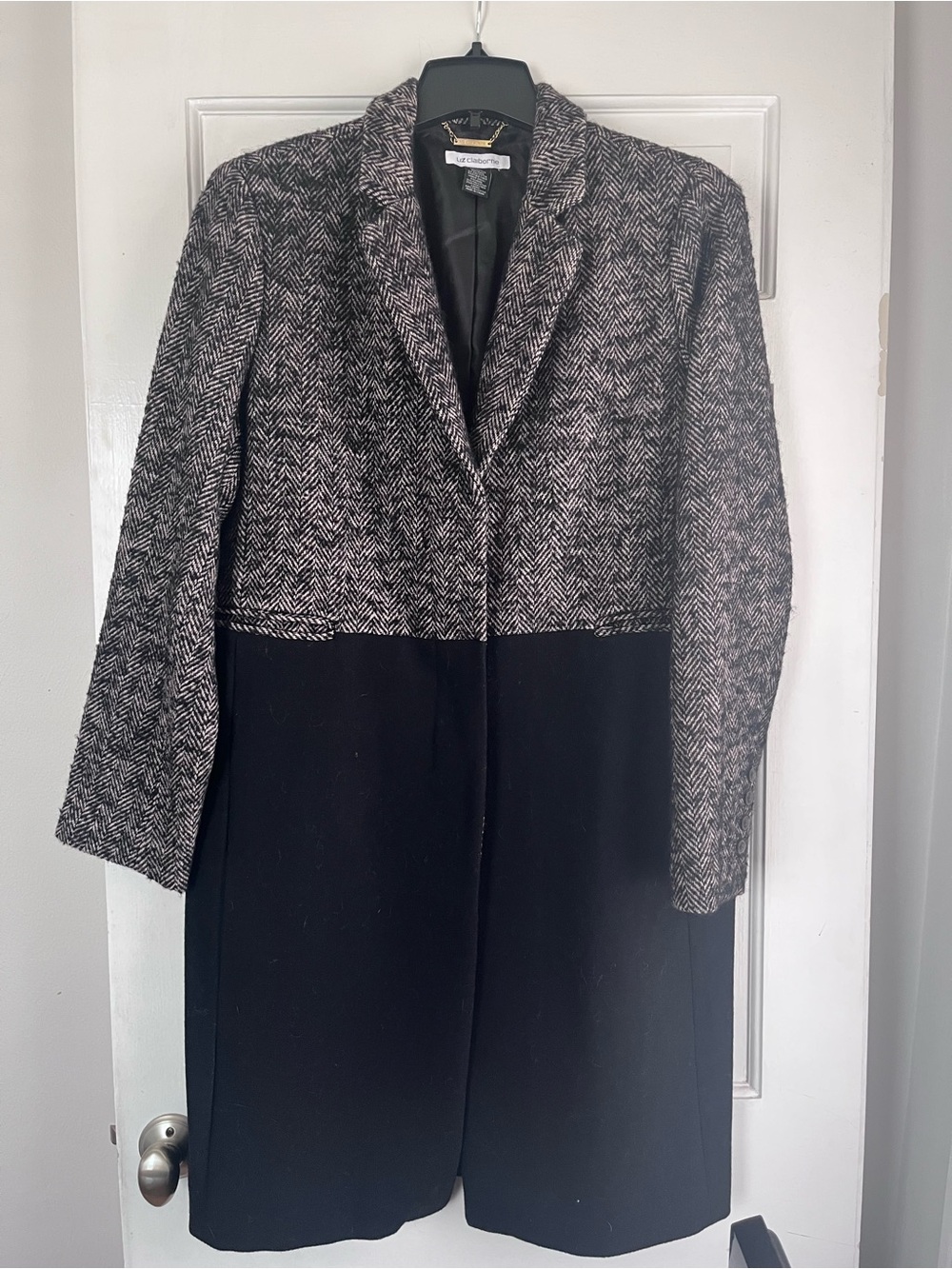 Liz Claiborne Wool Herringbone Color Block Wool-Blend Coat